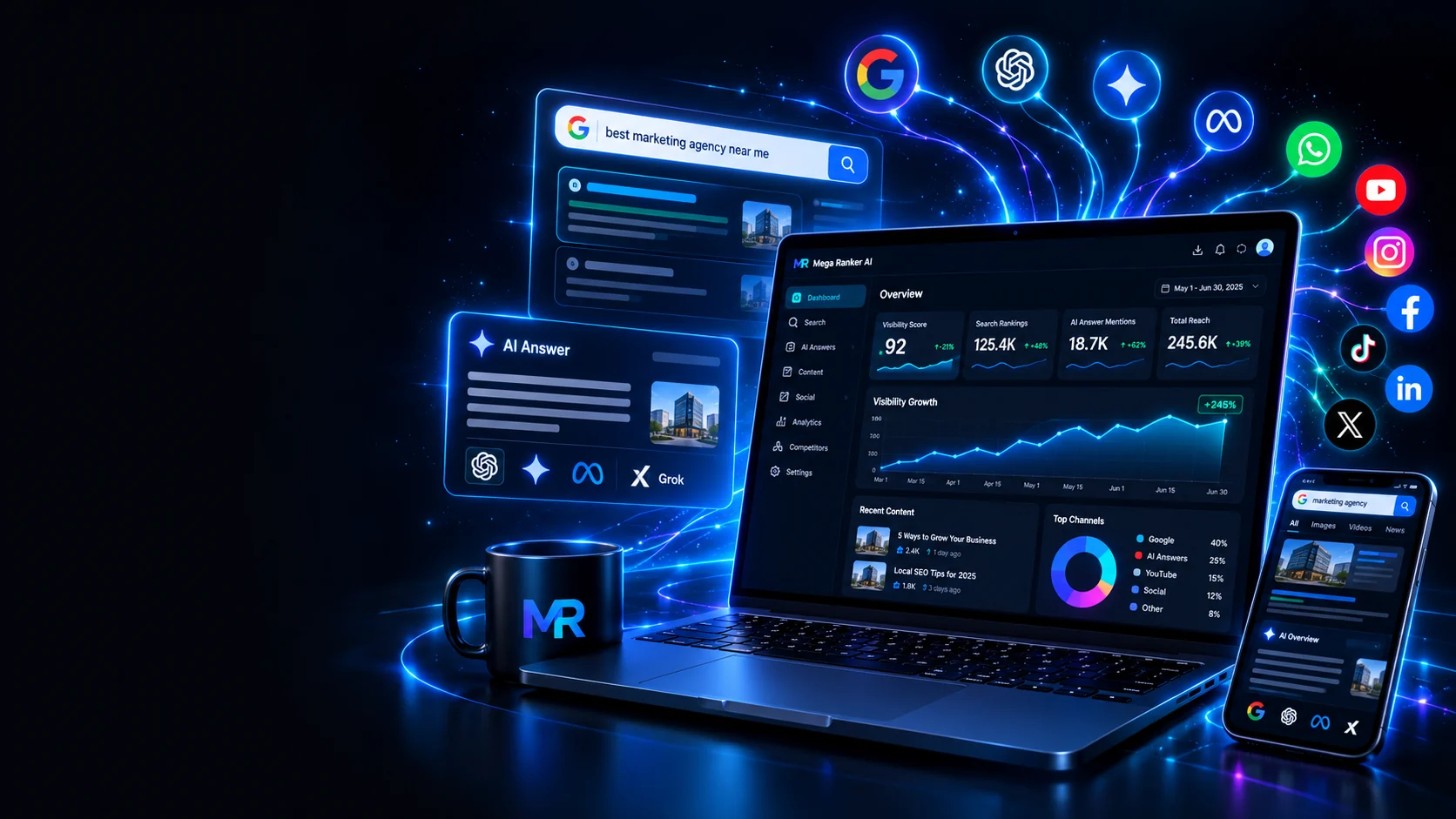 Mega Ranker on a laptop and phone, connected to Google, ChatGPT, Gemini, Meta AI, WhatsApp, YouTube, Instagram, Facebook, TikTok, LinkedIn and X
